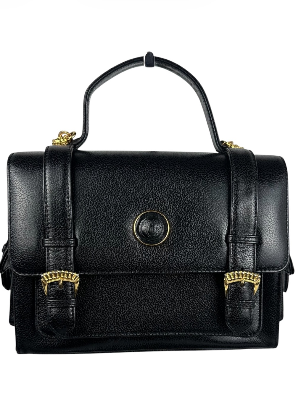 Gianni Versace Black Pebbled Leather Medusa Top Handle Satchel Bag GHW Rare